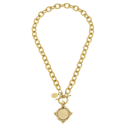 Susan Shaw Handcast Gold Intaglio Coin Front Toggle Necklace