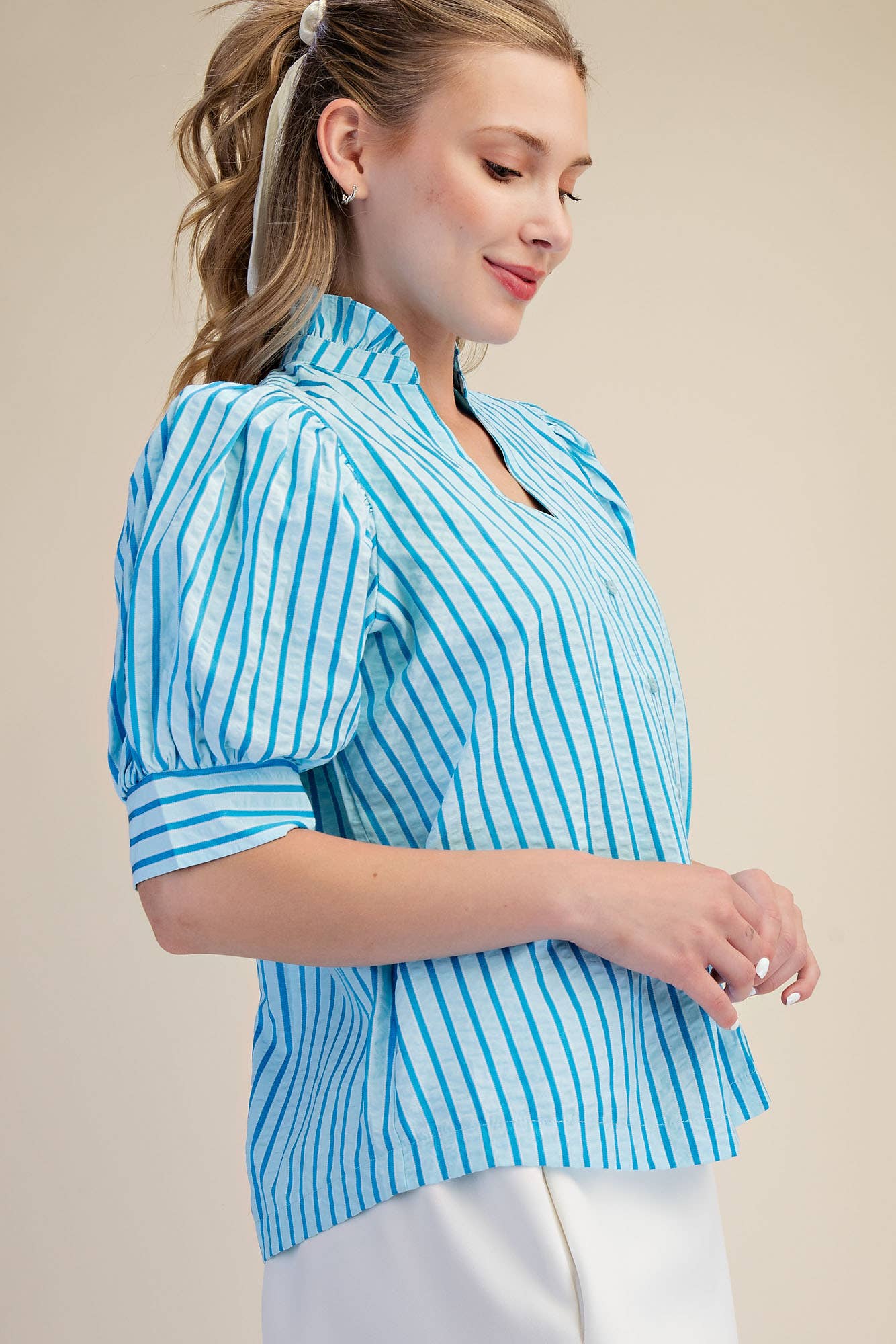 Blue Stripe Ruffle V-neck Puff Sleeve Button Down Top