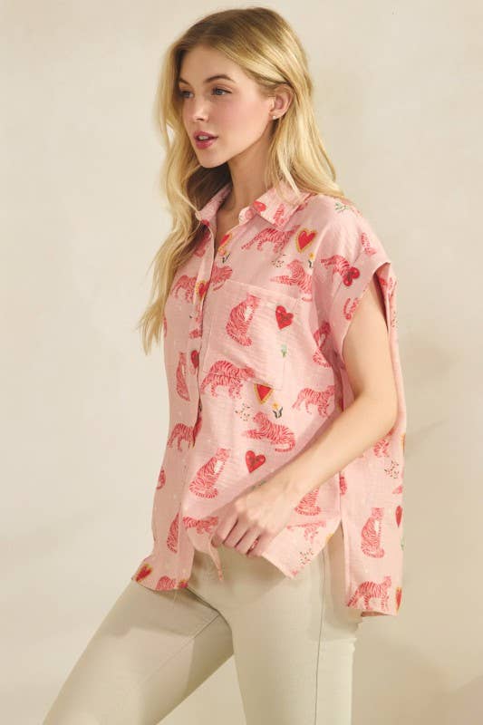 Pink Tiger Print Button Down Shirt