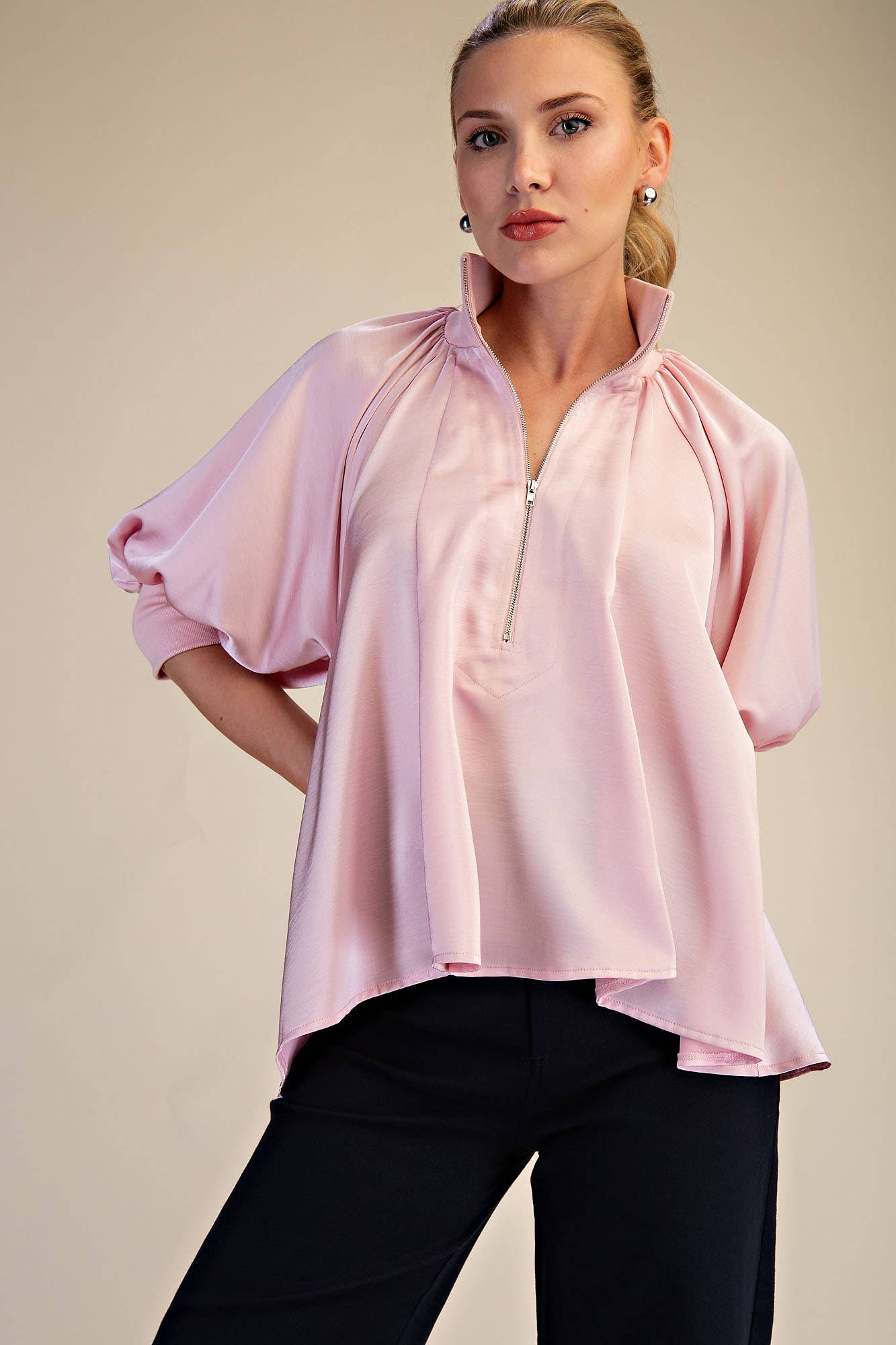 Soft Pink Mock Neck Band Puff Sleeve Elegance Blouse