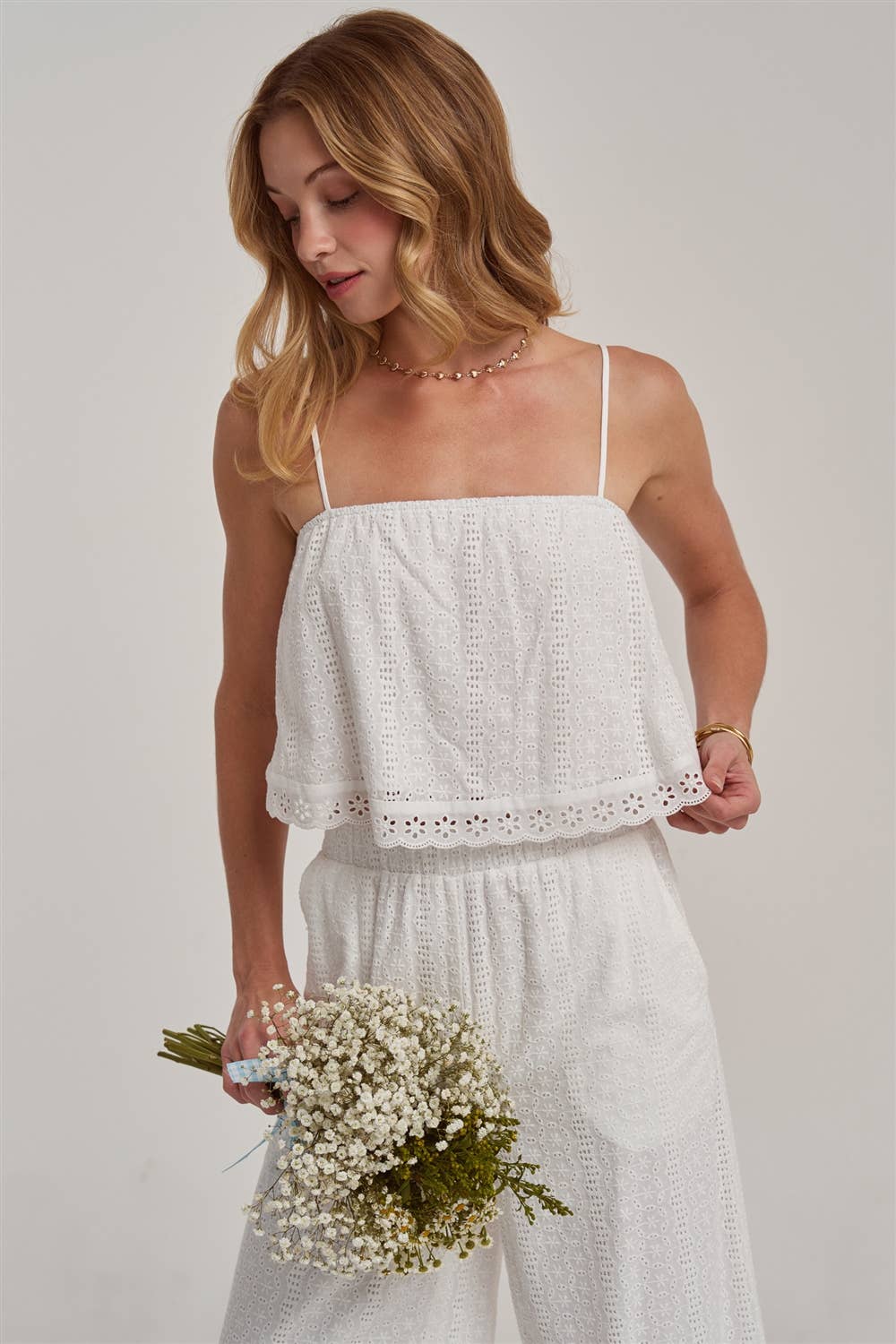 EYELET LACE CROPPED CAMI TOP AND WIDE LEG PANTS SUMMER SET