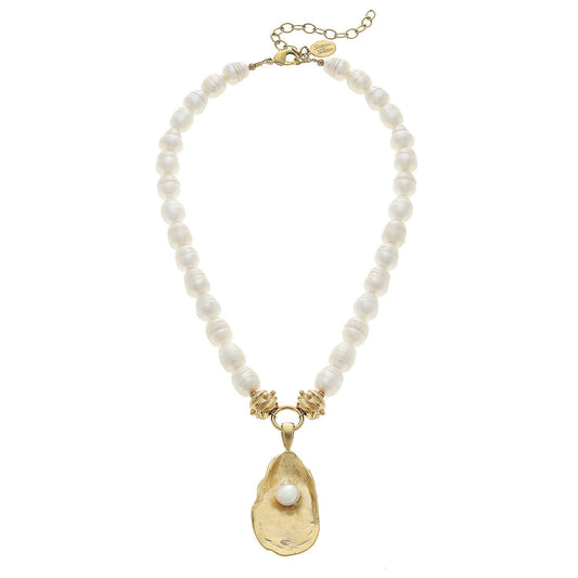 Susan Shaw Handcast Gold Oyster with Handset Genuine Freshwater Pearl on Genuine Freshwater Pearl Necklace
