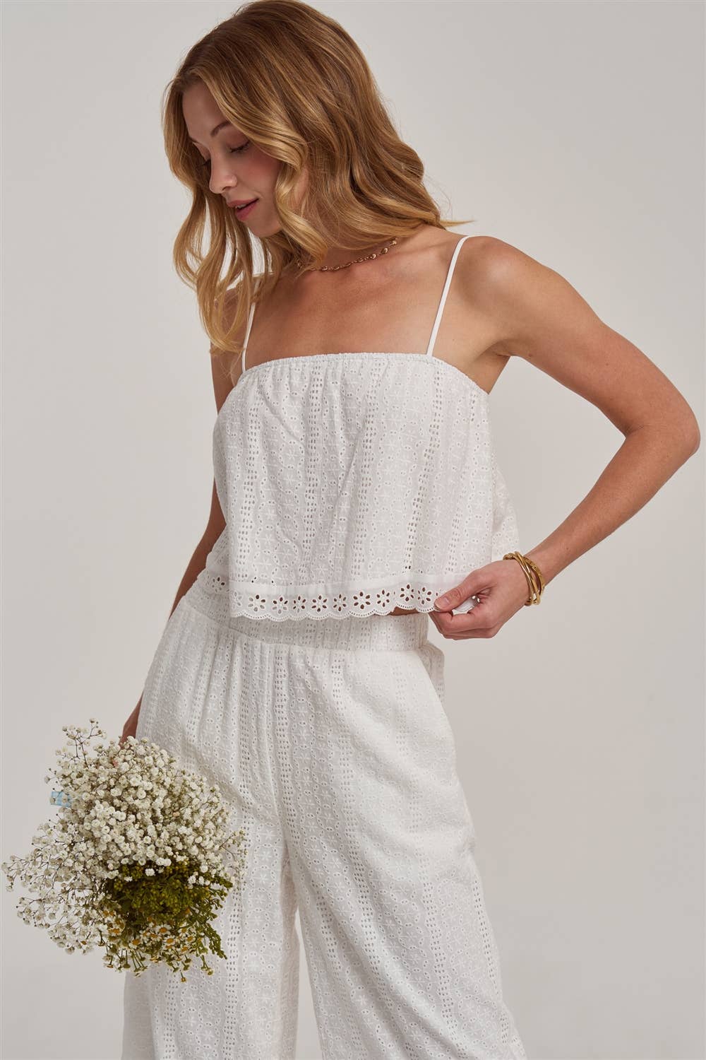 EYELET LACE CROPPED CAMI TOP AND WIDE LEG PANTS SUMMER SET