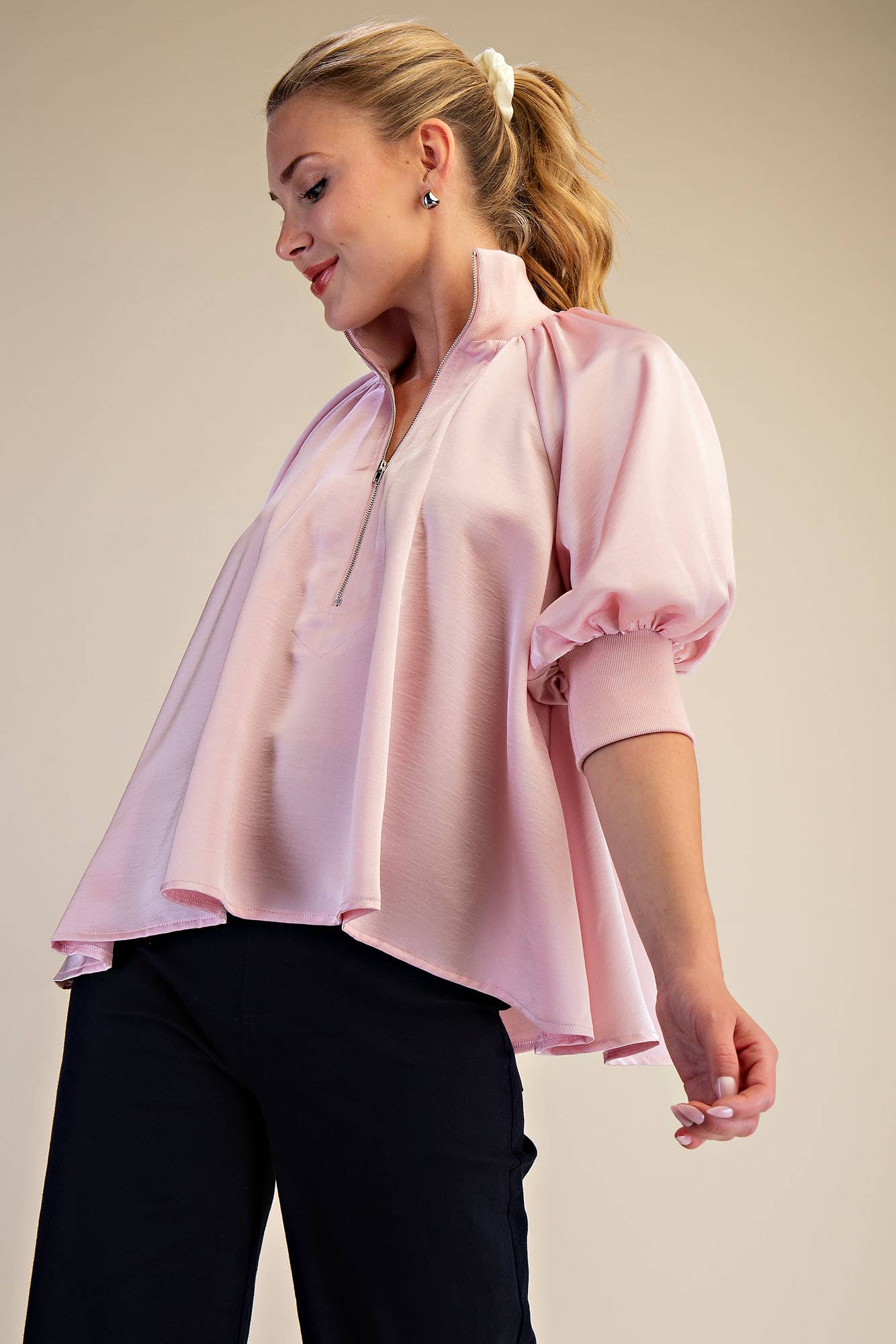 Soft Pink Mock Neck Band Puff Sleeve Elegance Blouse
