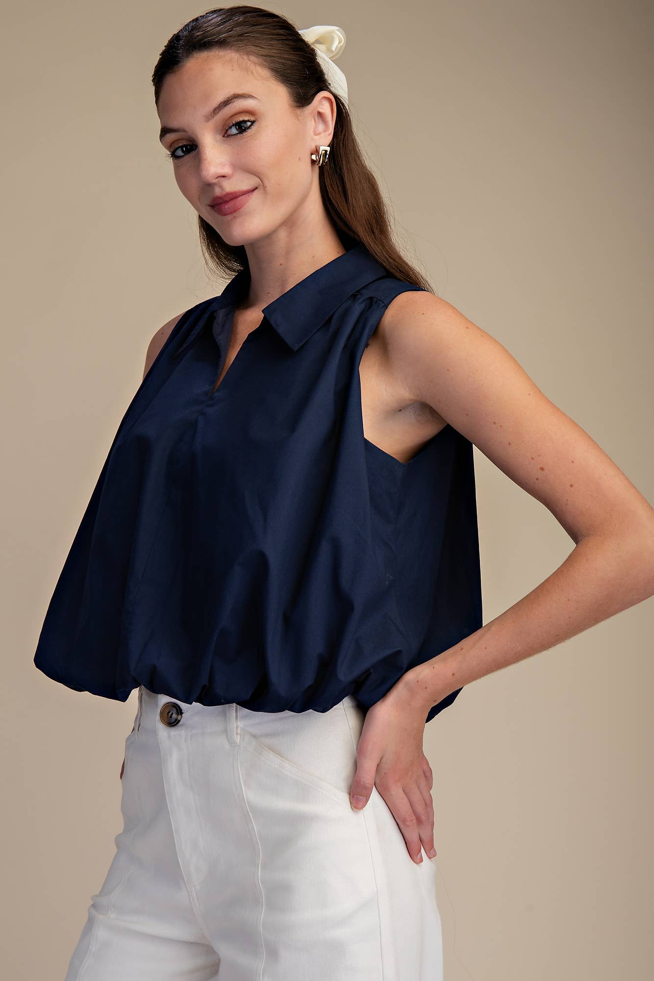 Navy Bubble Hem Sleeveless Shirt Top