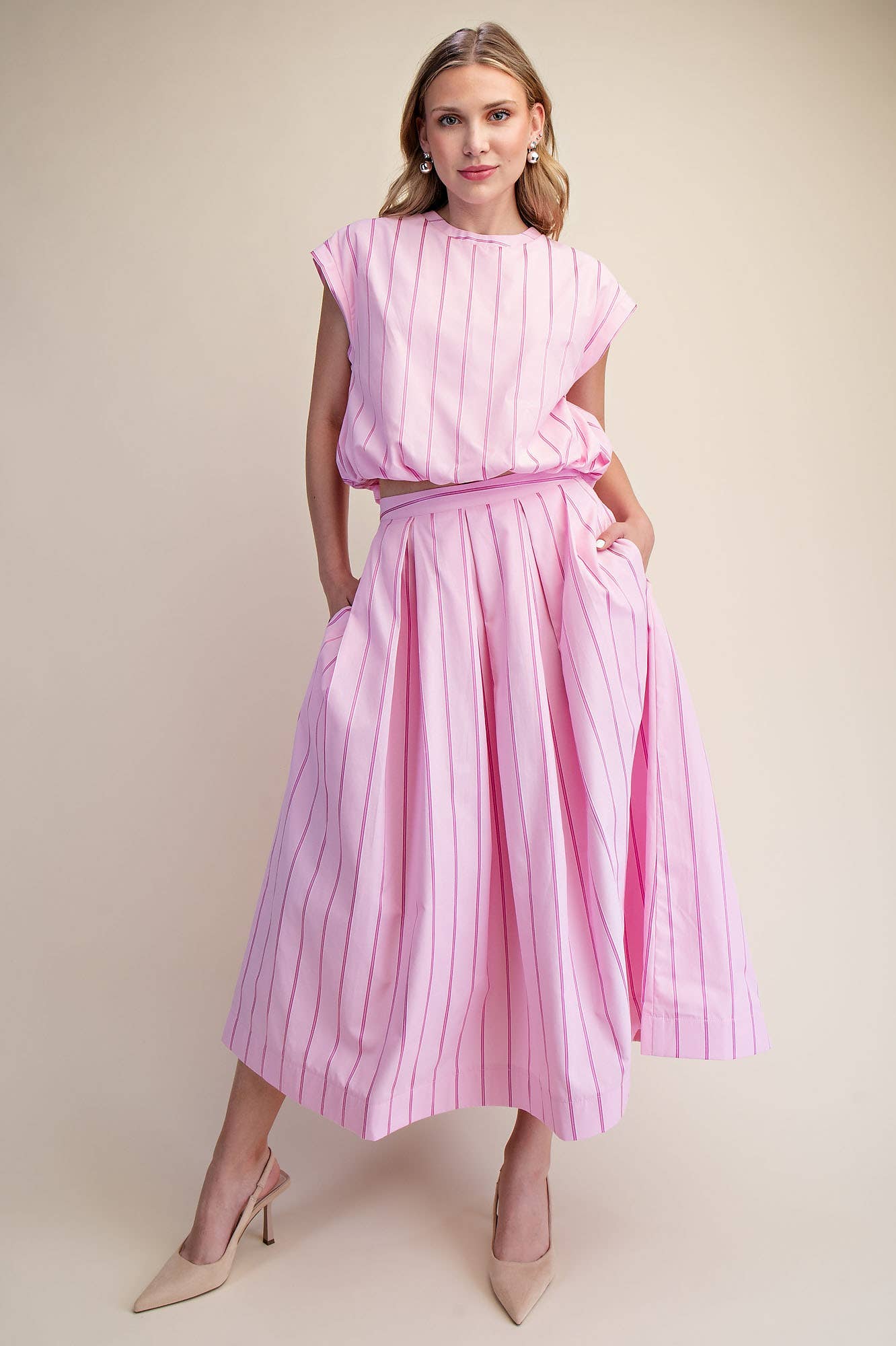 Pink Bubble Hem Stripe Crop Top Skirt Set