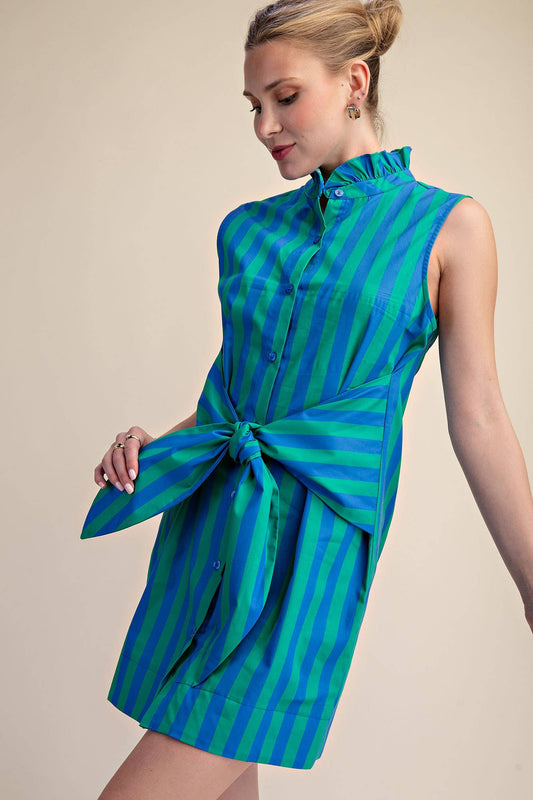 Blue Green Stripe Ruffle Neck Tie Waist Dress