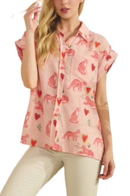 Pink Tiger Print Button Down Shirt