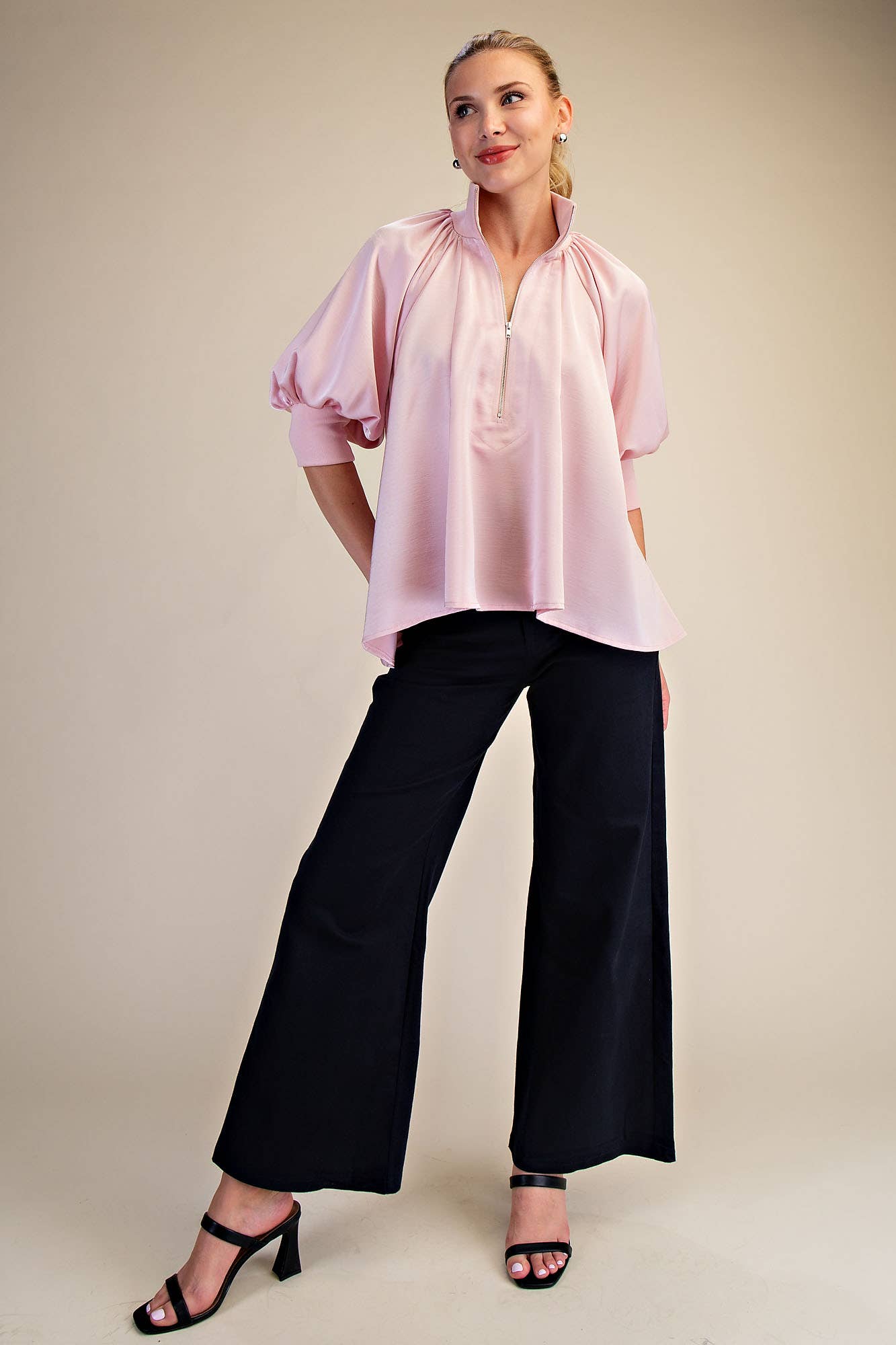 Soft Pink Mock Neck Band Puff Sleeve Elegance Blouse