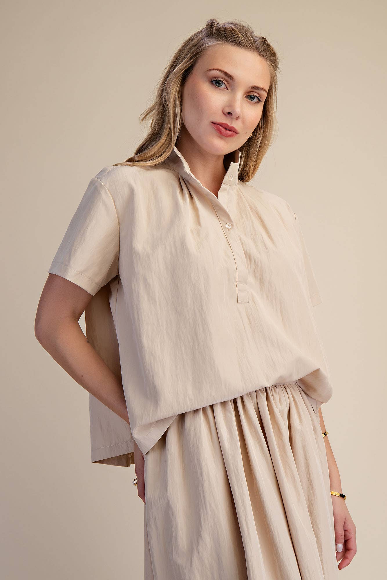 Taupe Stand Collar Short Sleeve Shirt