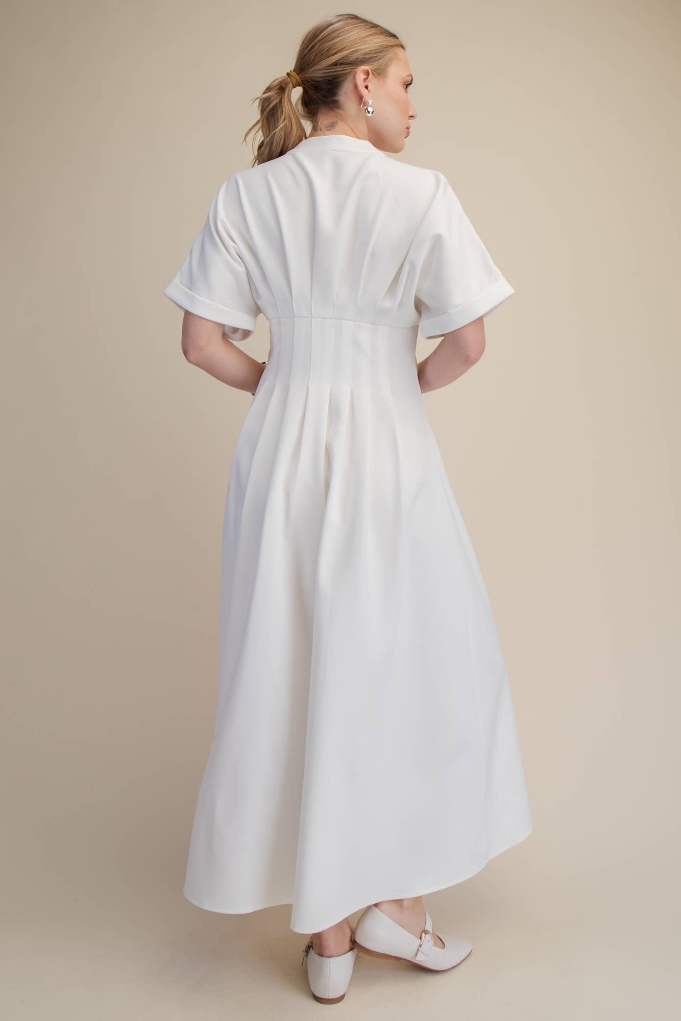 Front Zip Pleated Flare Stretch Shirt Dress