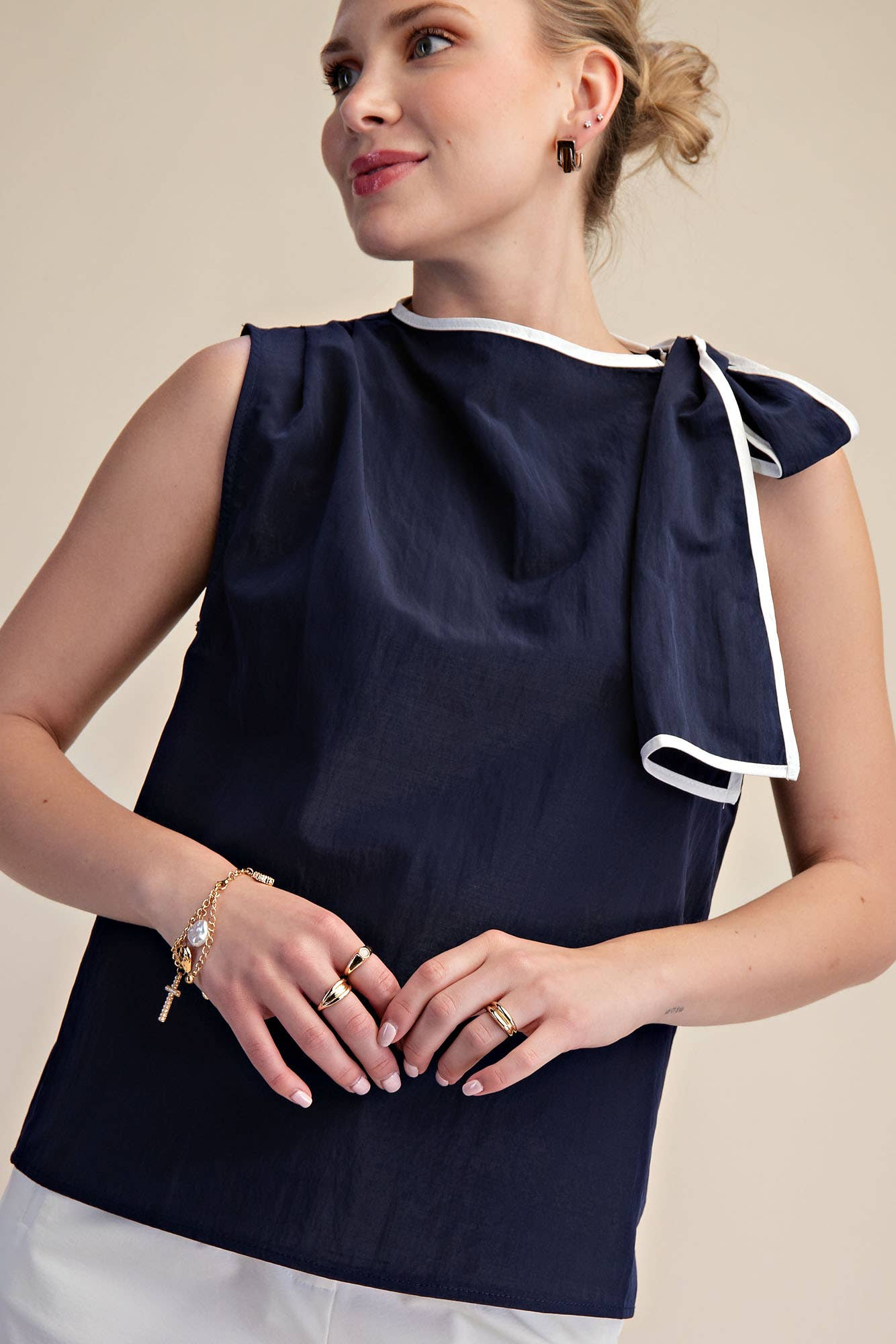 Navy Asymmetric Pleated Shoulder Bow Top