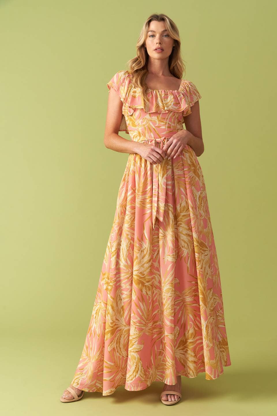 Pink Floral Flutter Top Midi Dress