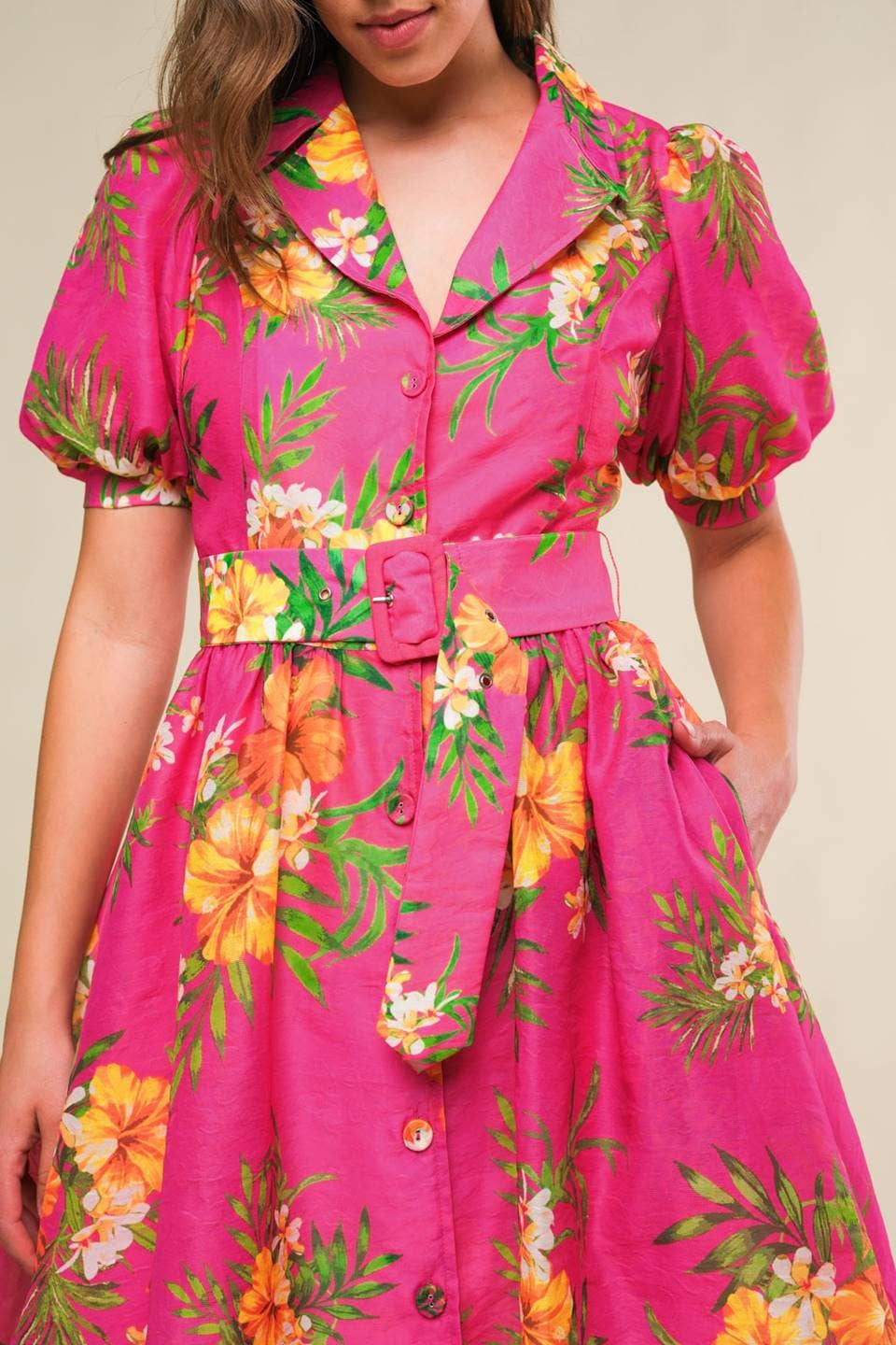 Fuchsia Printed Belted Woven Dress