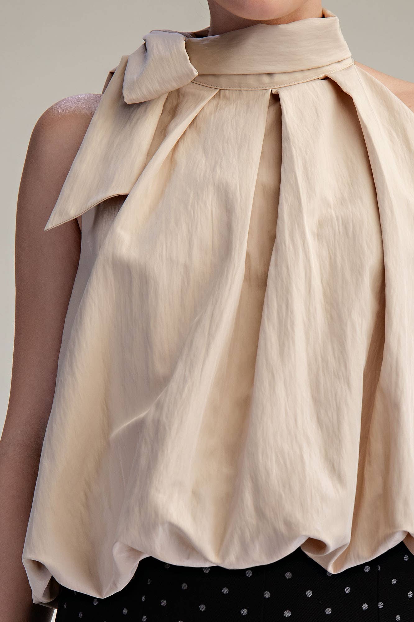 Taupe High Neck Tie Wrap Balloon Sleeveless Top