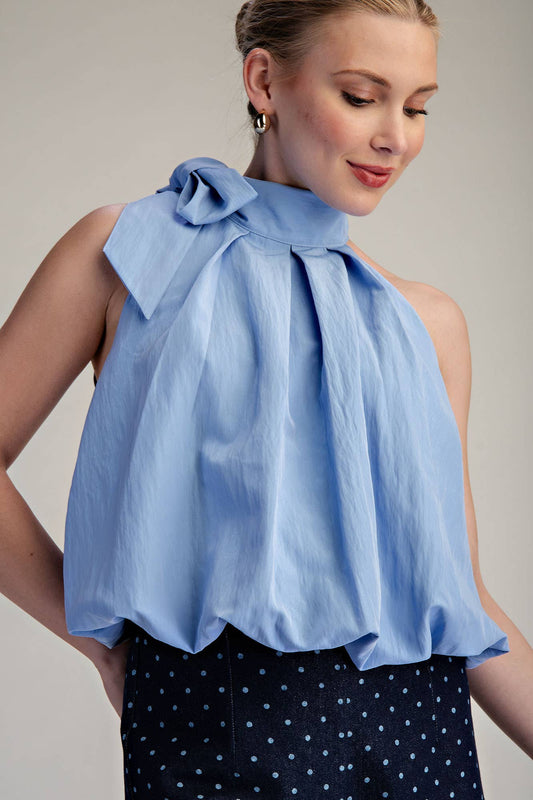 Blue High Neck Tie Wrap Balloon Sleeveless Top