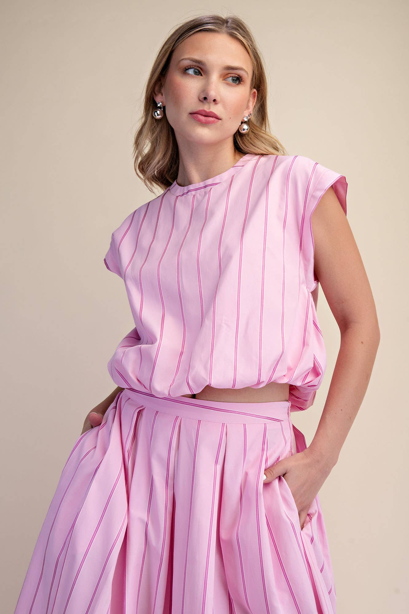 Pink Bubble Hem Stripe Crop Top Skirt Set
