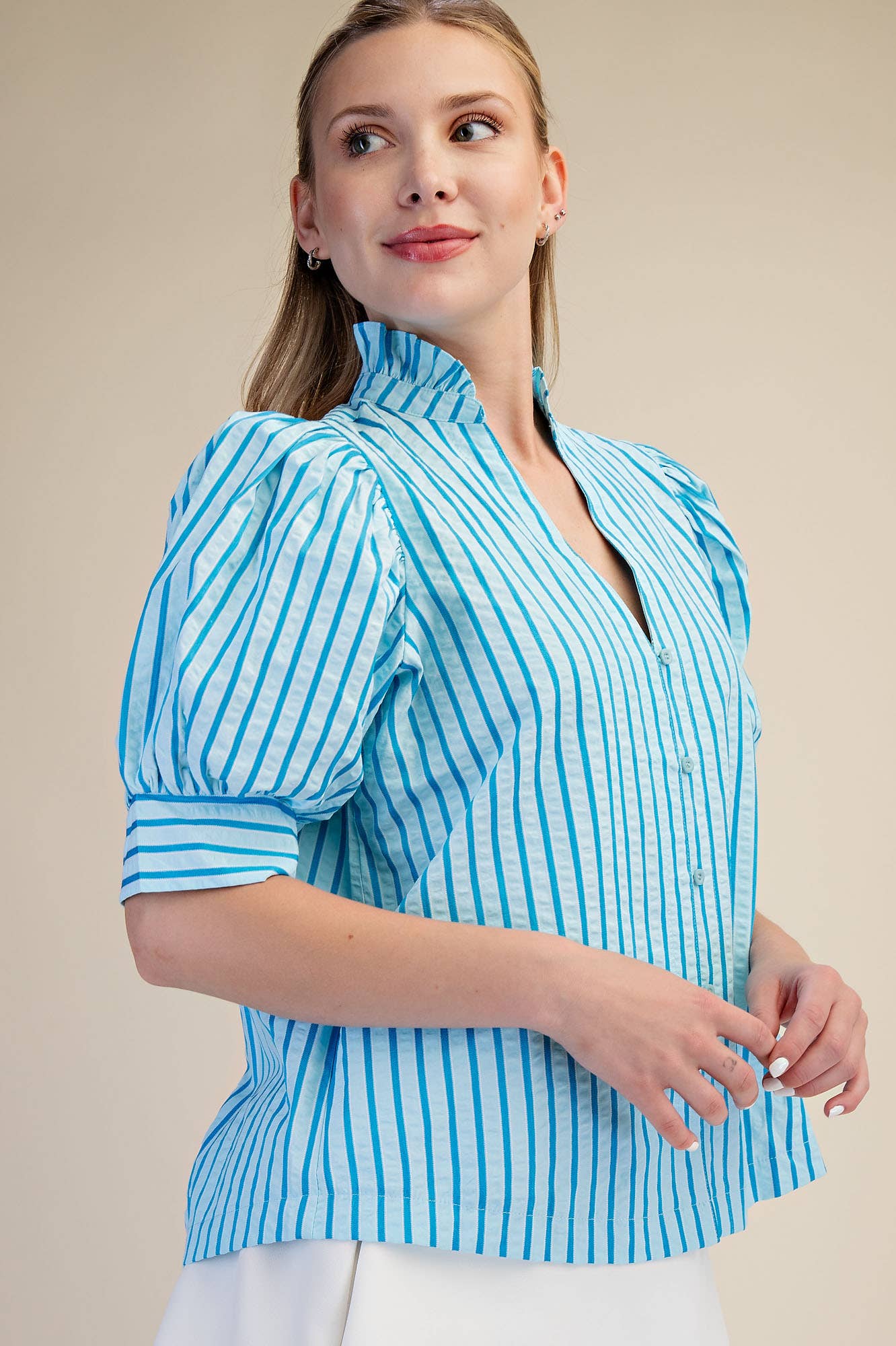 Blue Stripe Ruffle V-neck Puff Sleeve Button Down Top