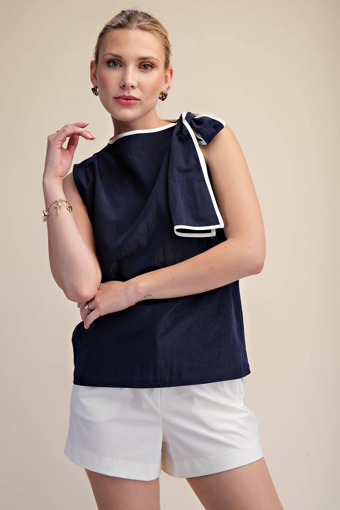 Navy Asymmetric Pleated Shoulder Bow Top