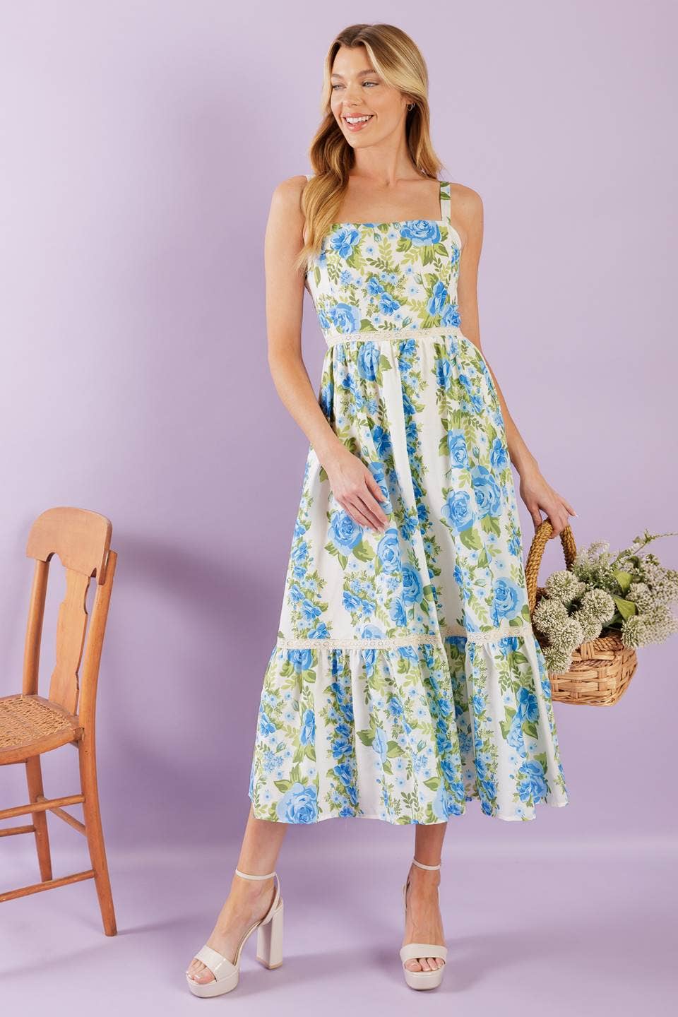 Blue Floral Woven Midi Dress
