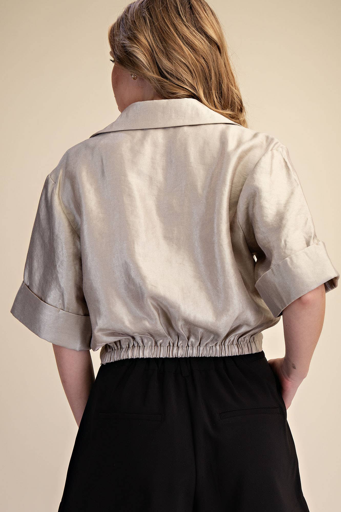 Deep Neck And Lapel Collar Short Sleeve Blouse