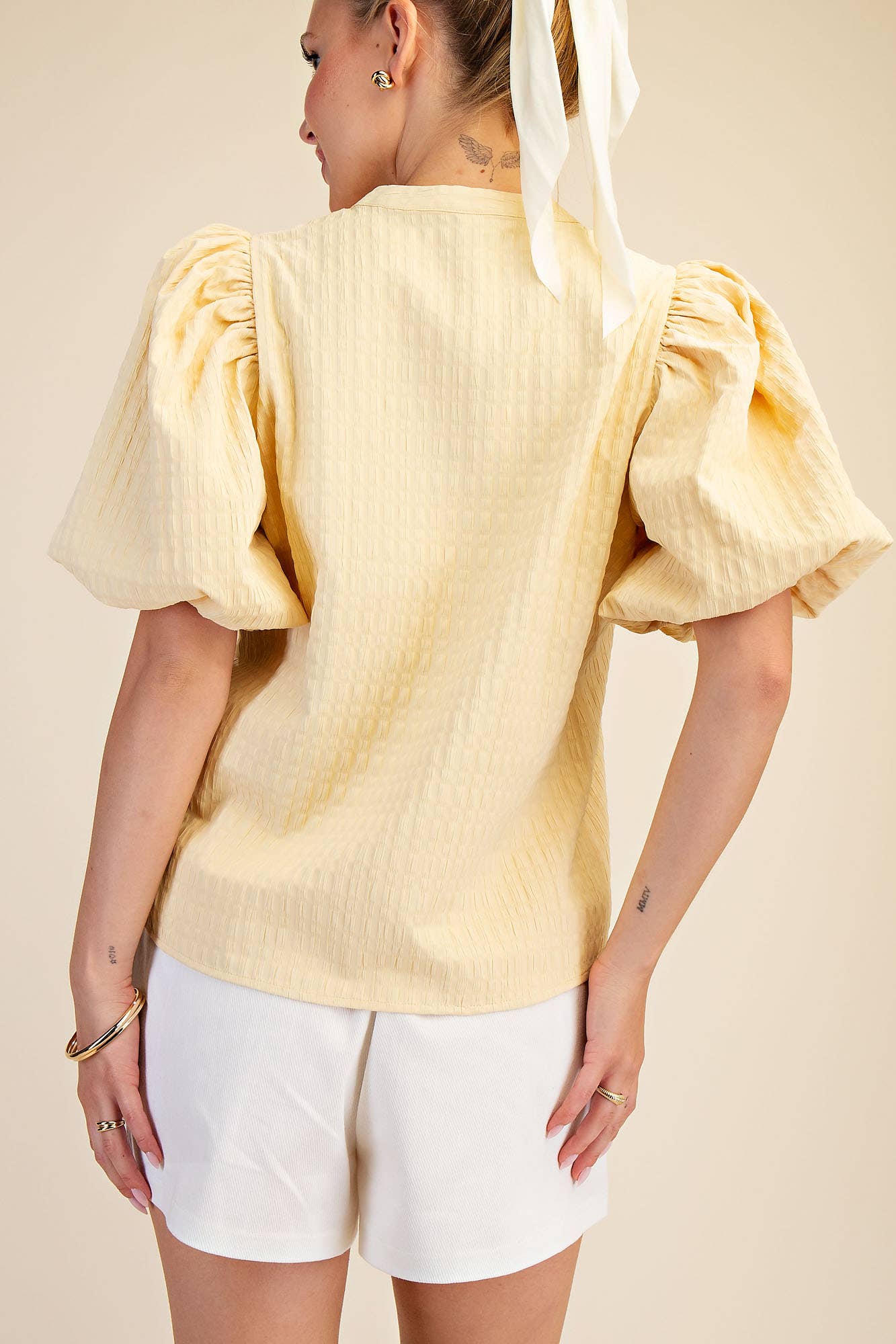 Butter Yellow V-Neck Puff-Sleeve Textured Top