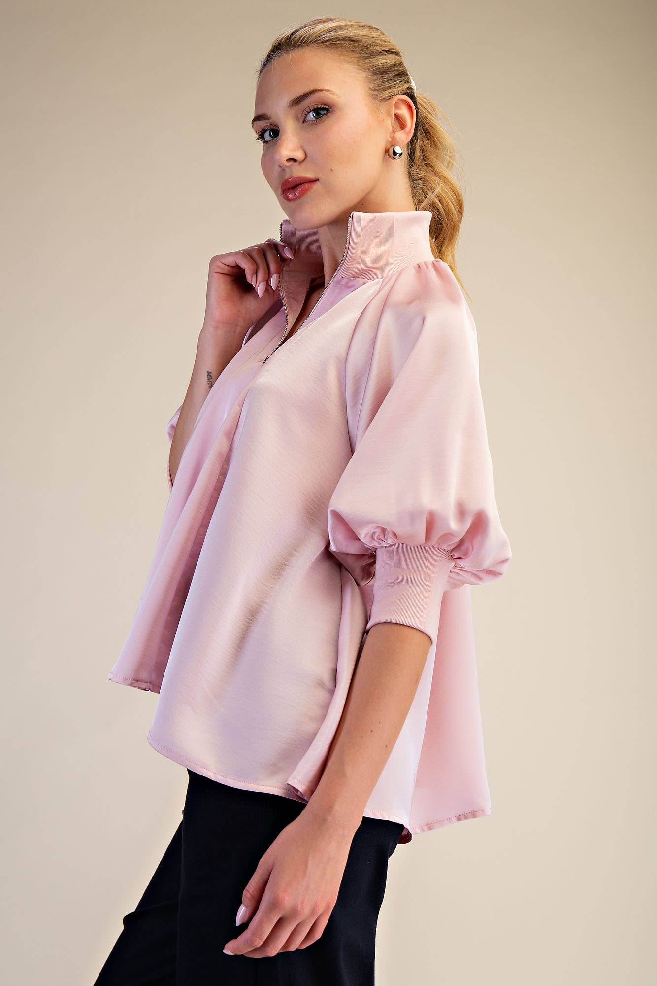 Soft Pink Mock Neck Band Puff Sleeve Elegance Blouse