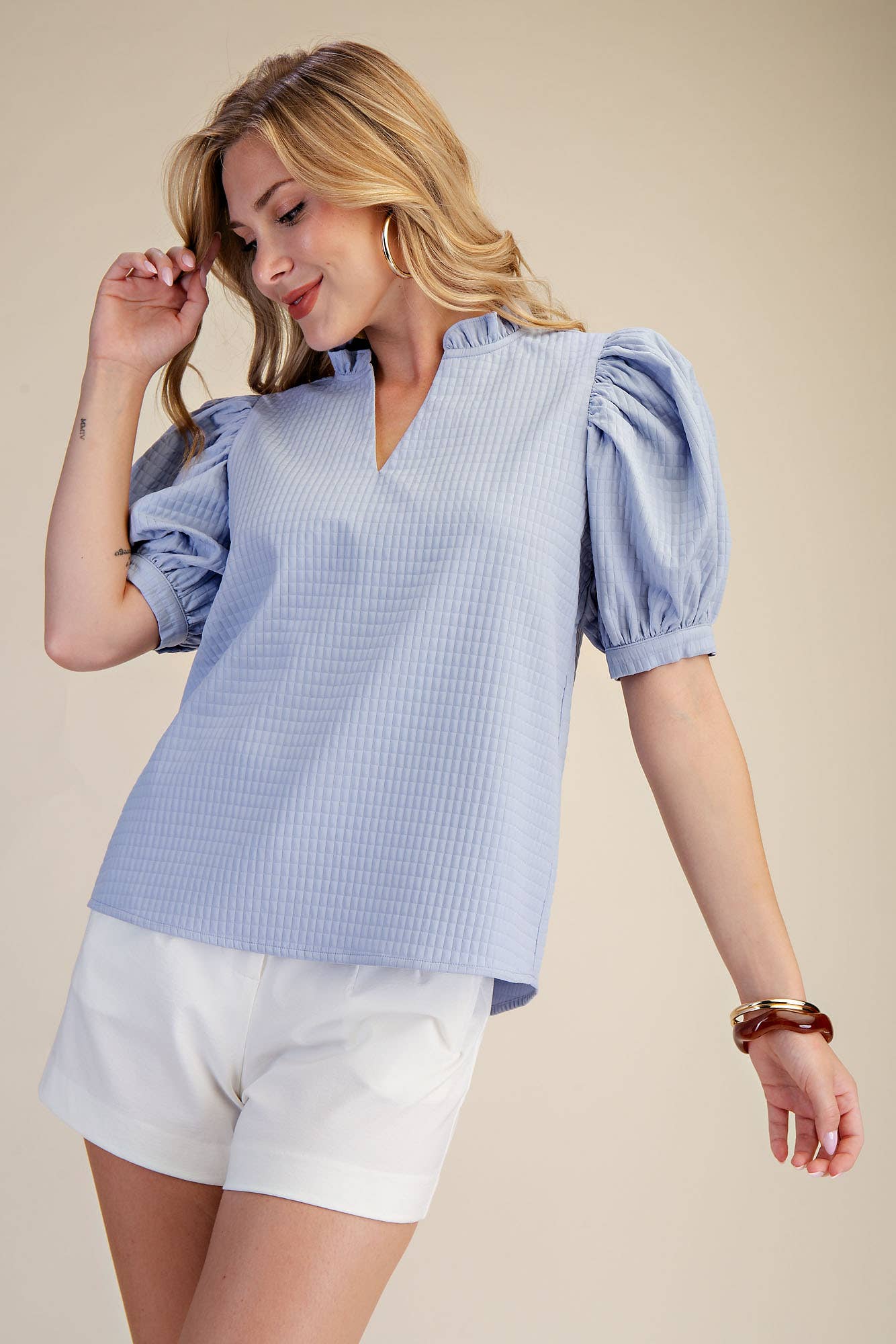 Light Blue Ruffle V-Neck Puff Sleeve Top