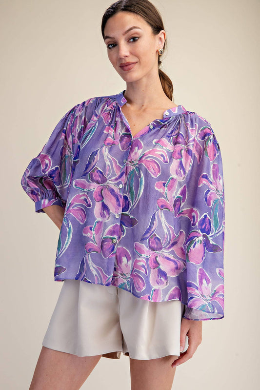 Purple Floral Button Down, Voluminous 3/4 Sleeve