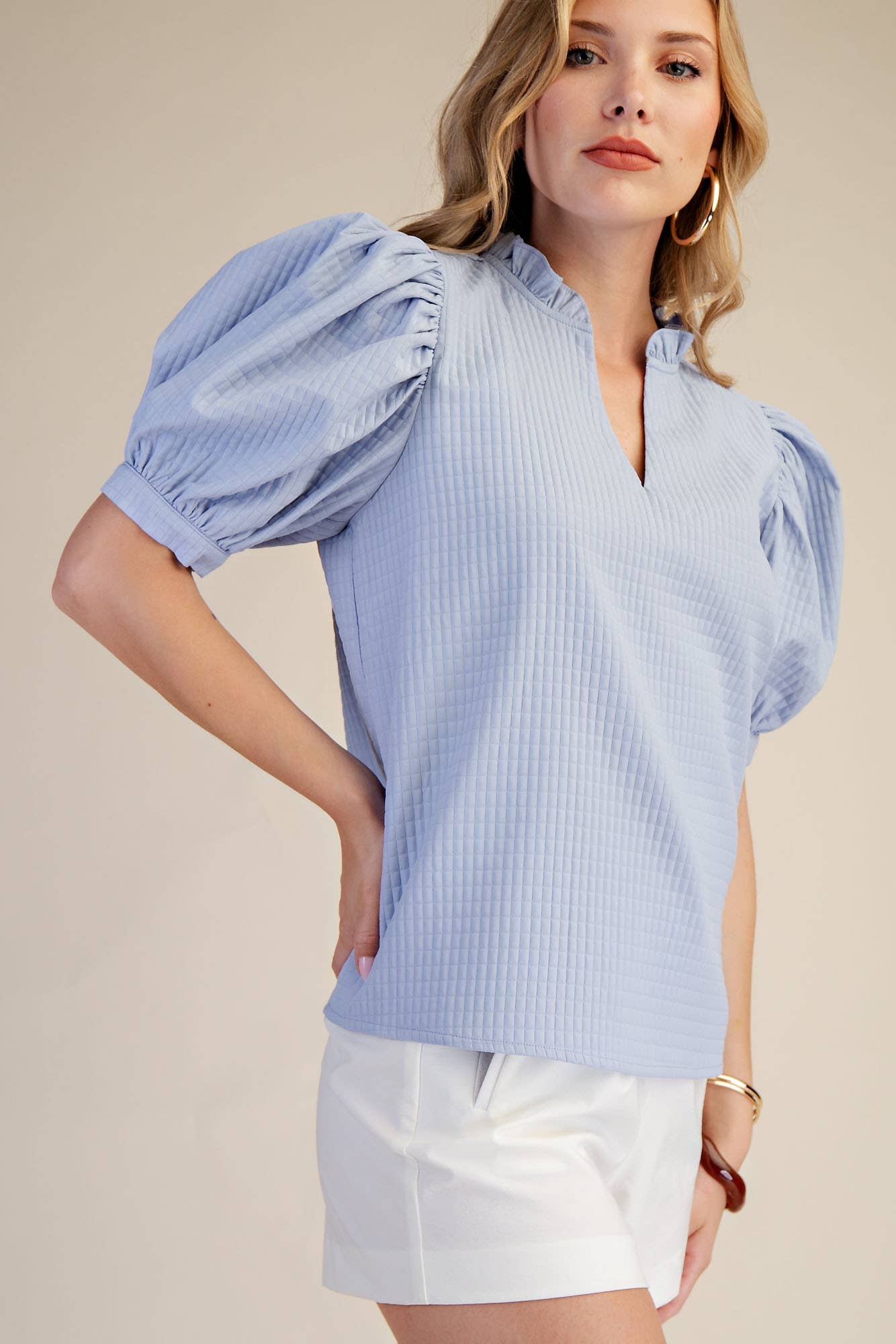 Light Blue Ruffle V-Neck Puff Sleeve Top