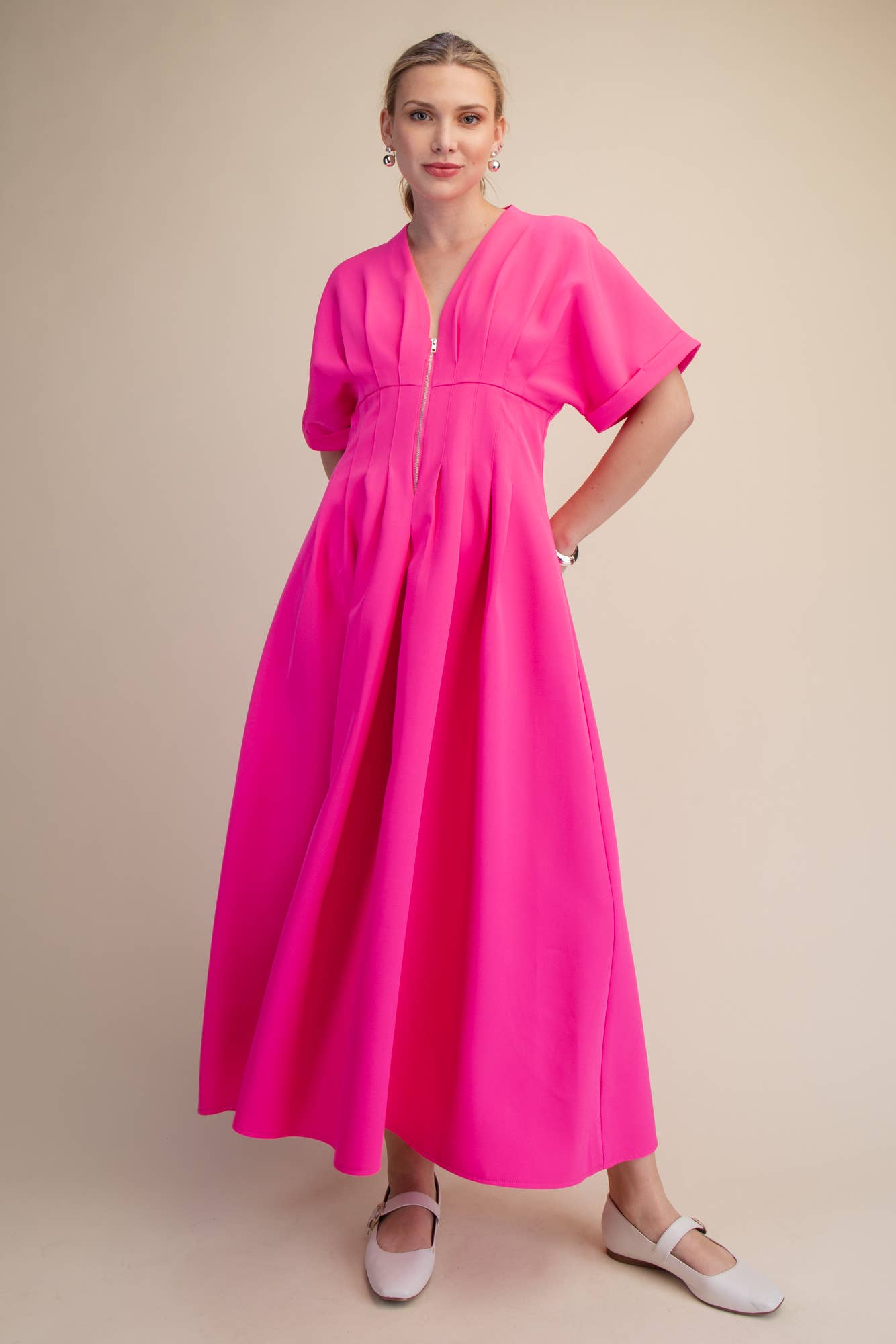 Front Zip Pleated Flare Stretch Shirt Dress